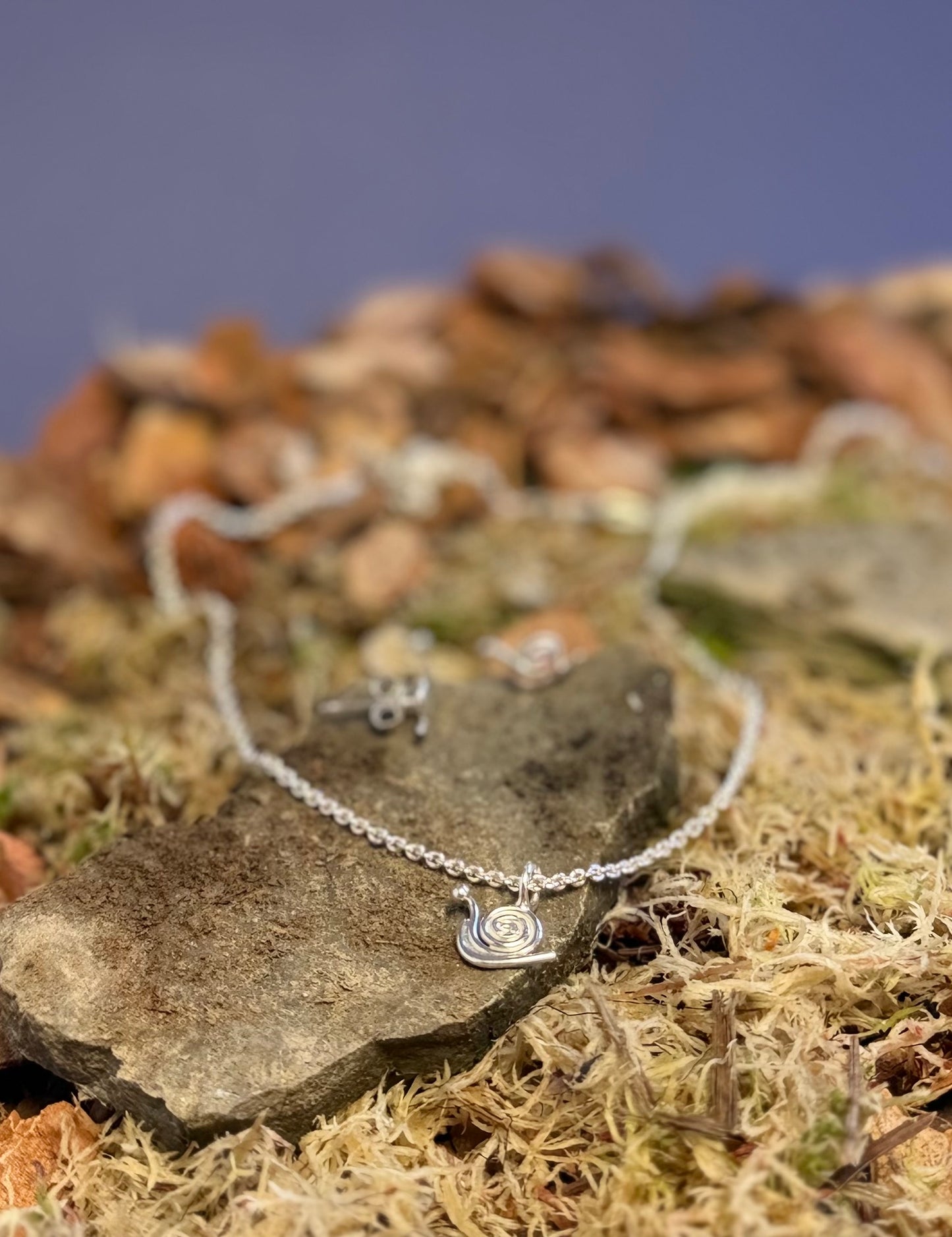 Silver necklace with a snail pendant on a rock with a natural background