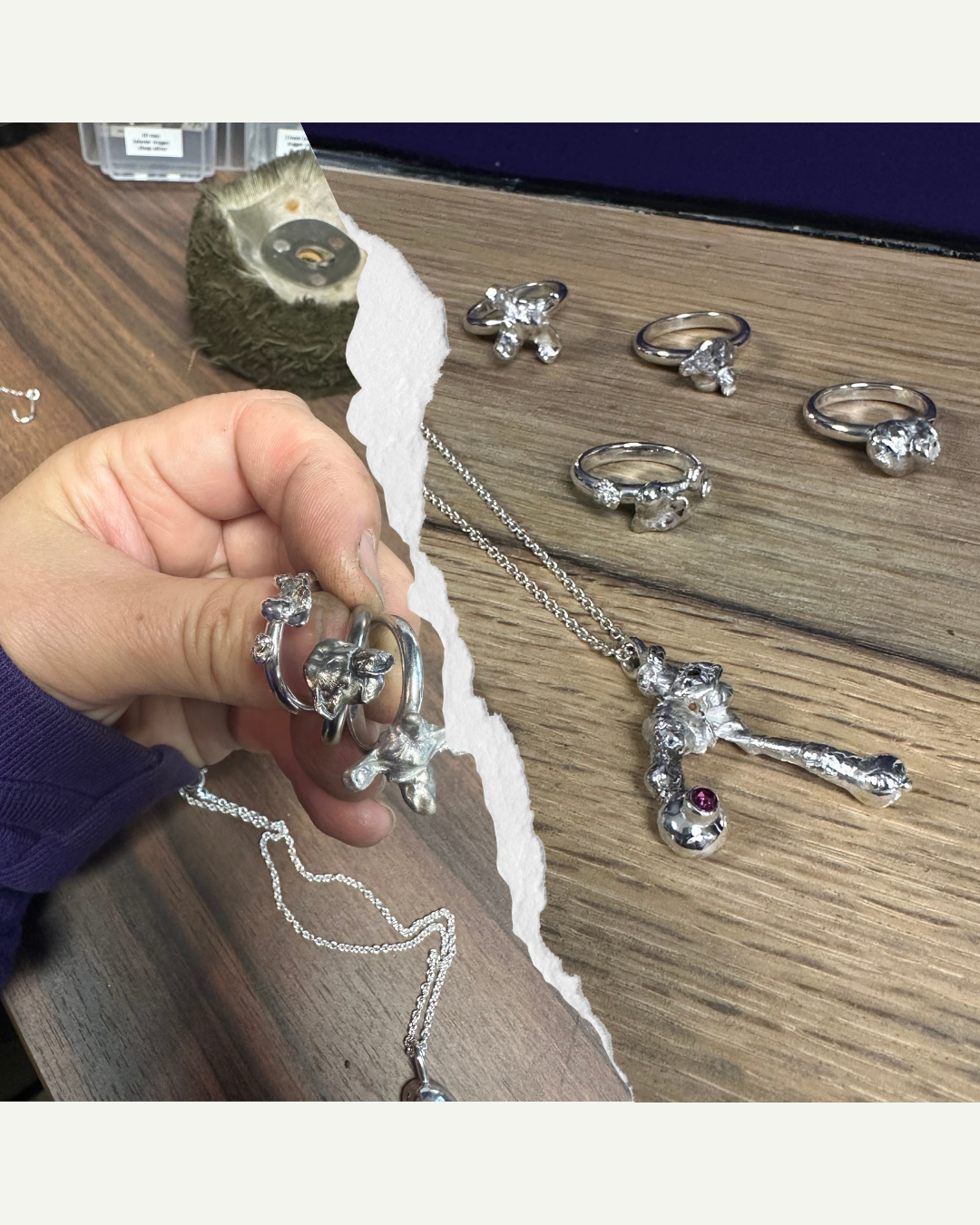 Molten pieces of silver made into pendants and rings