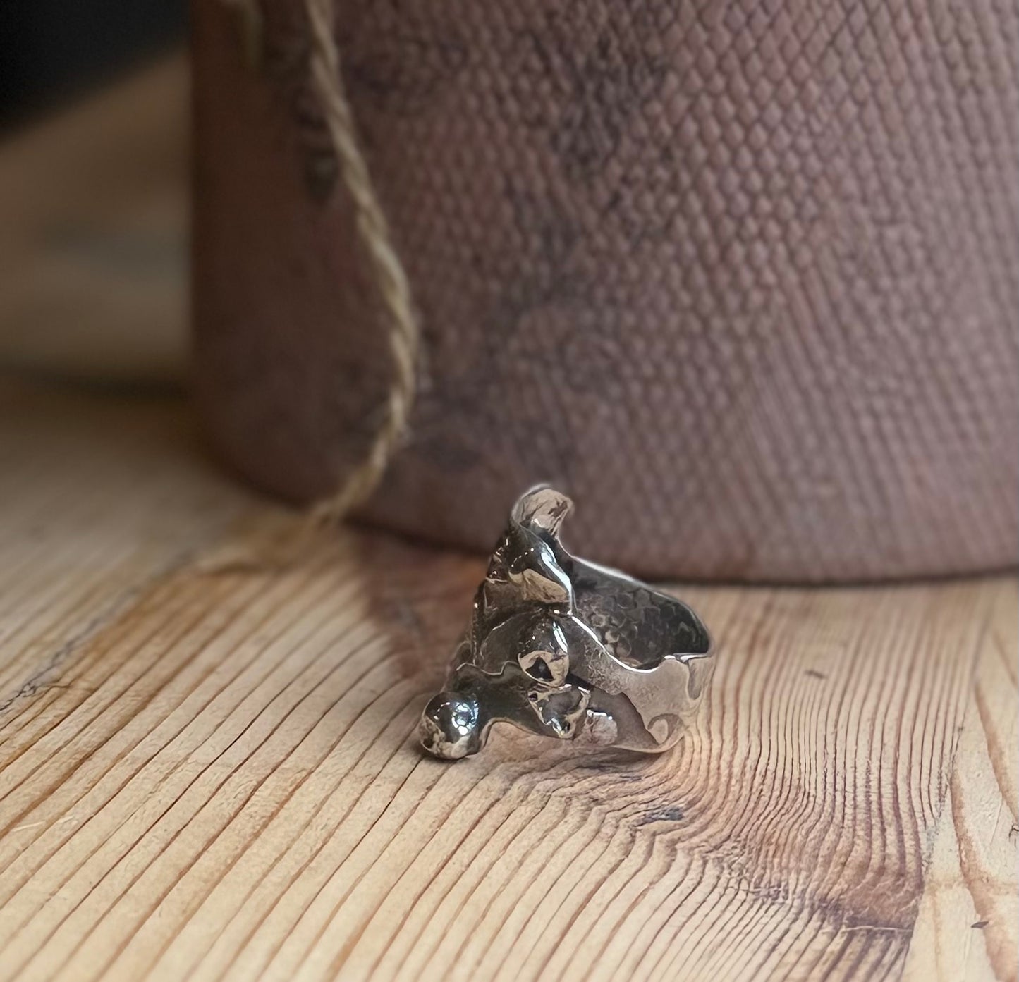 Alchemy Silver Thick molten band with beads and raised sections side view with plant pot