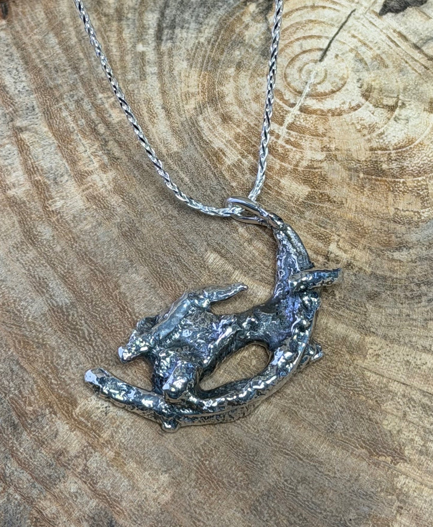 Alchemy Large oxidised Silver molten pendant on a Spiga chain-Hare on moon