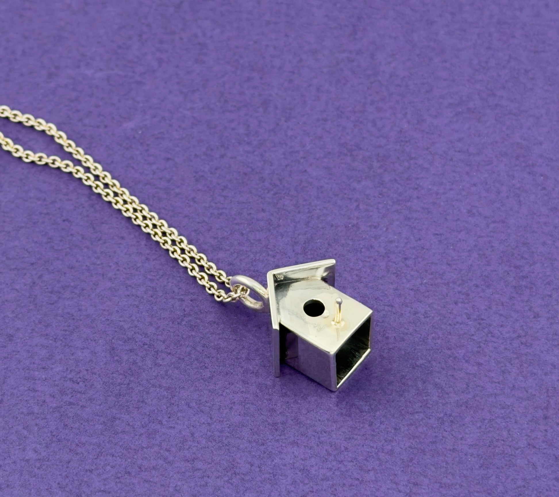 Silver birdhouse pendant necklace on a purple background