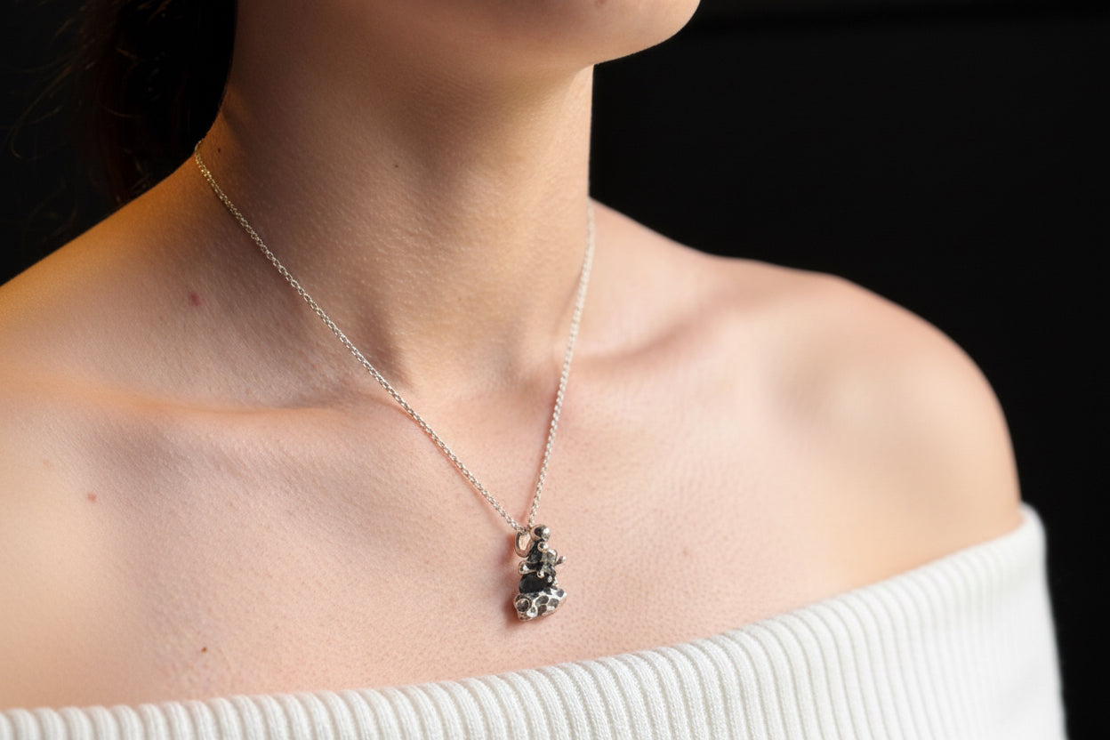 Silver molten pendant with molten beaded bale on 16" belcher chain