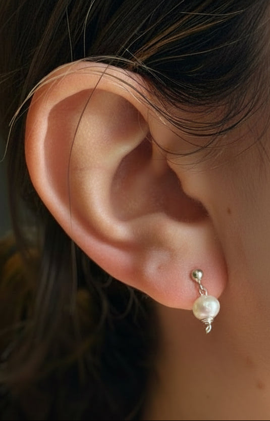 White cultured pearl and Silver drop studs