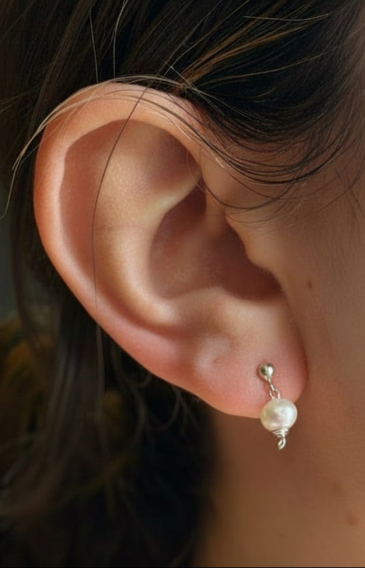 White cultured pearl and Silver drop studs