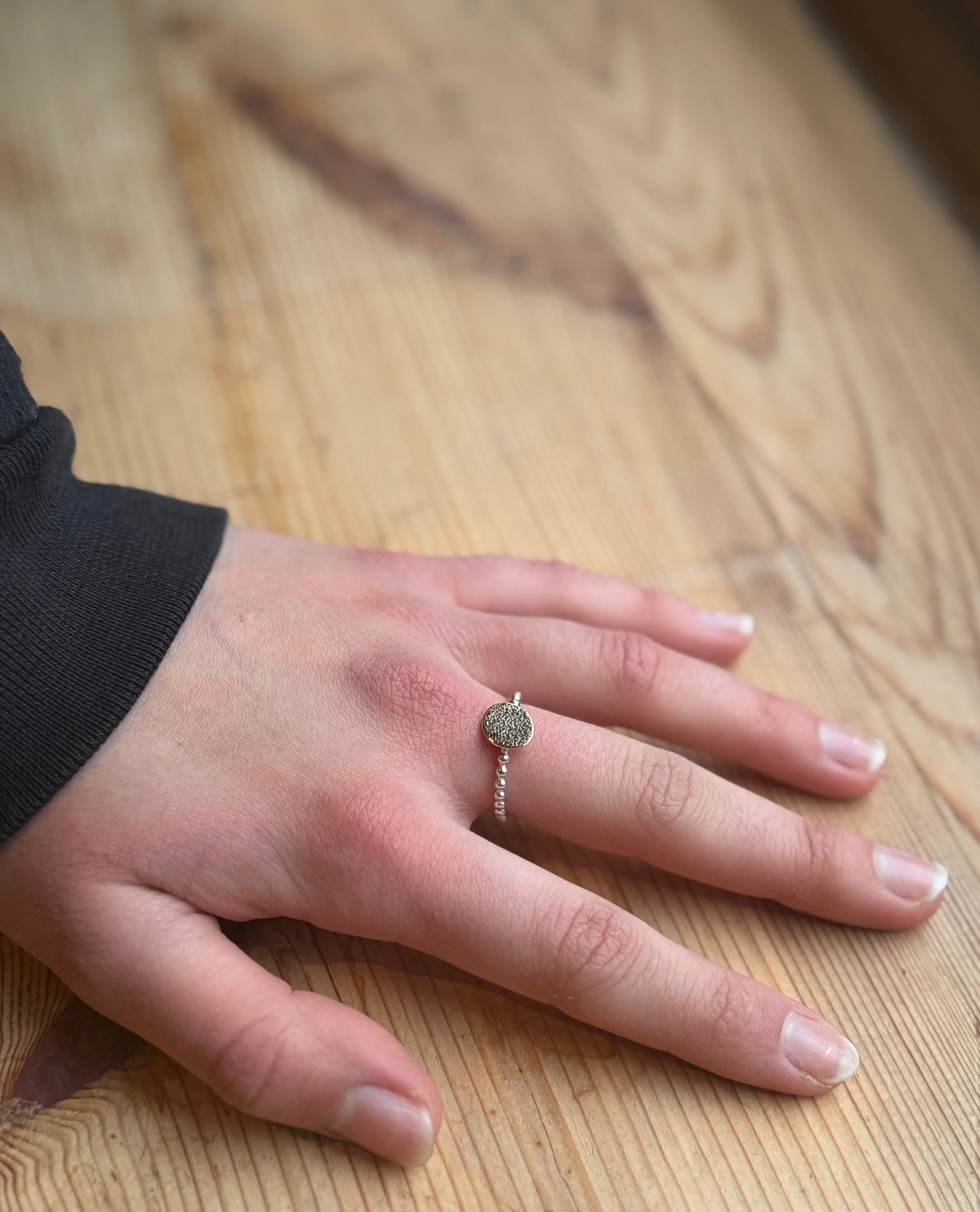 Beaded silver ring with 9ct yellow gold rolled textured disk - polished