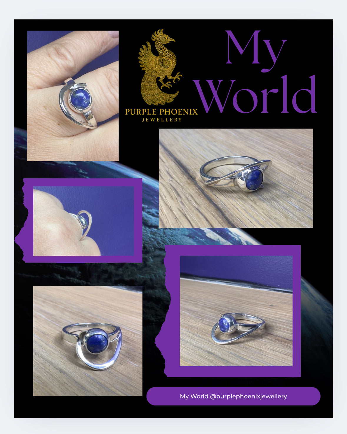 Collage of silver rings with blue stones, branded as Purple Phoenix Jewellery.