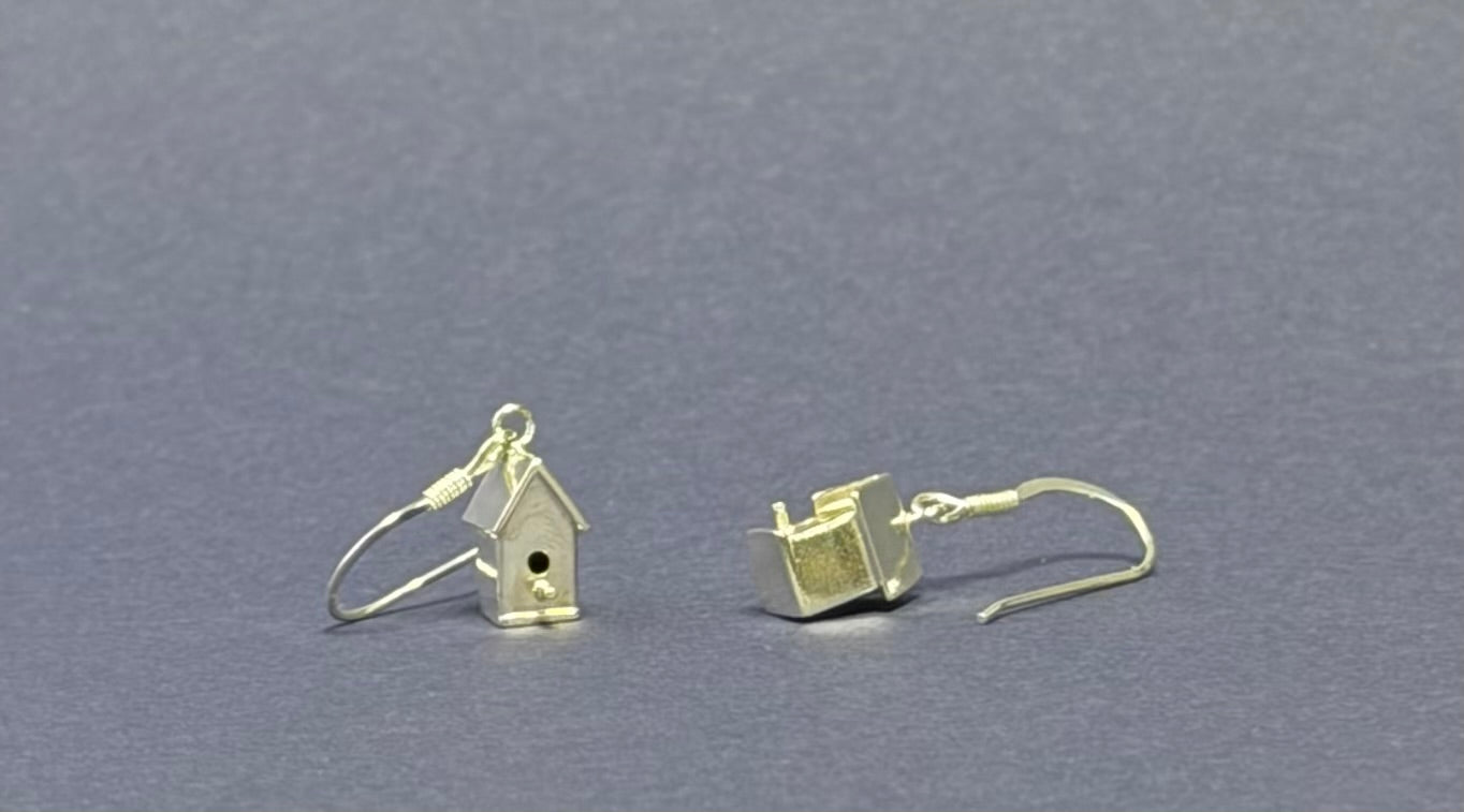 Silver small 3D Birdhouse Drop earrings
