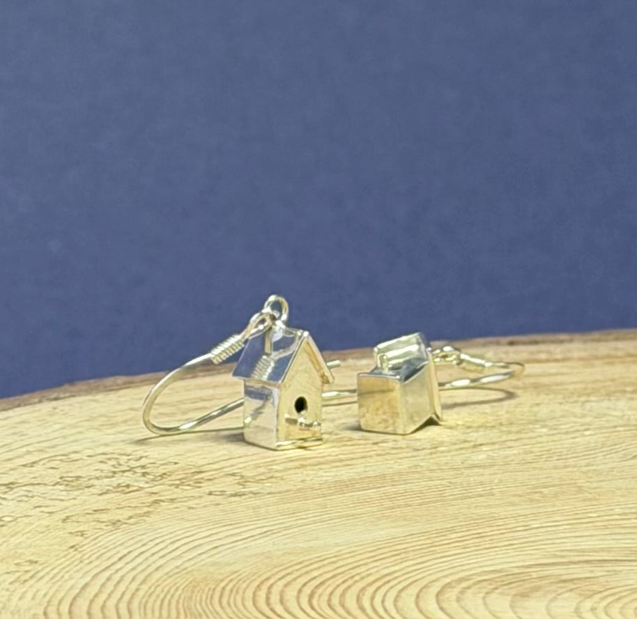 Silver small 3D Birdhouse Drop earrings