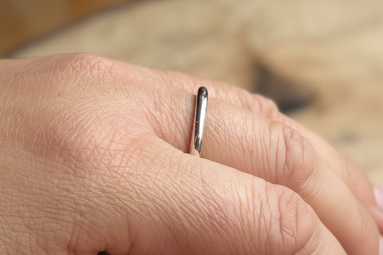 Polished round profile ring on hand