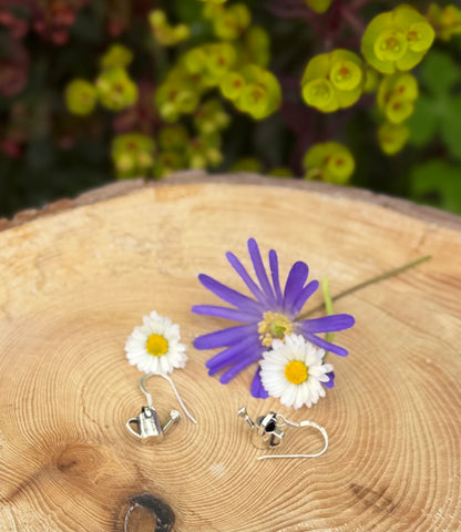 Silver watering can drop earrings