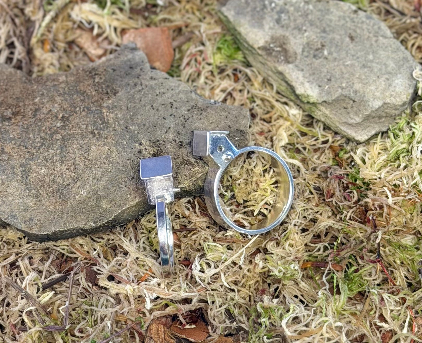 Two silver rings on a natural background with stones and moss.