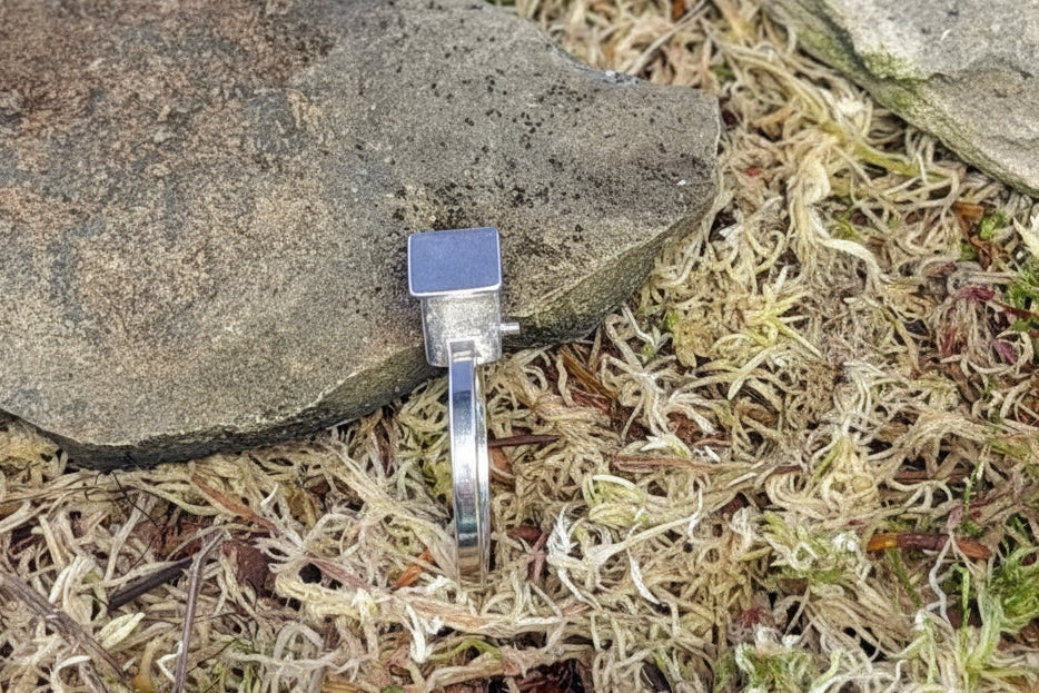 Silver ring on a stone surface with moss and leaves