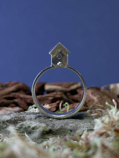 Metallic ring with a small birdhouse shaped top on a natural background