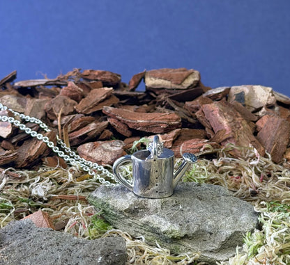 Silver watering can pendant on a chain against a natural background with stones and grass.
