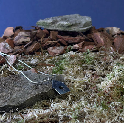 Close-up of a miniature birdhouse necklace on a  landscape with rocks and moss on a blue background
