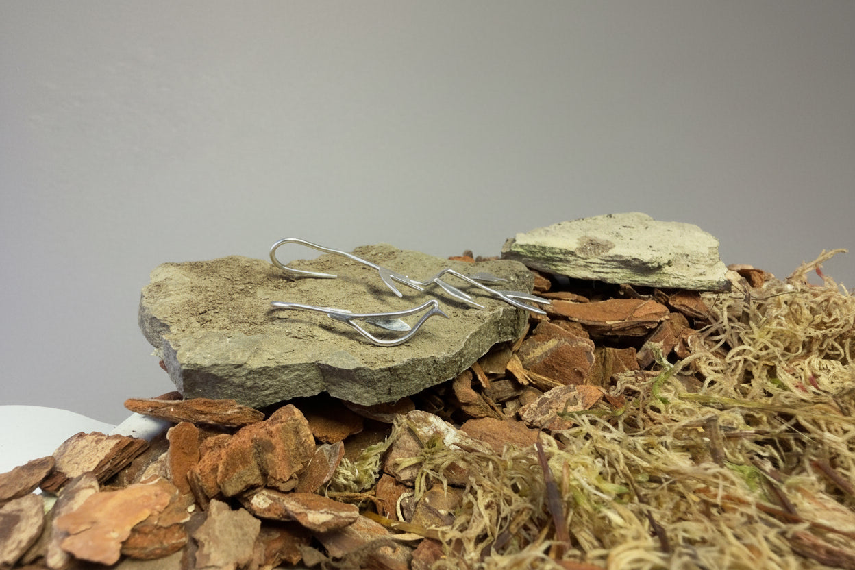 Silver bird and branch drop earrings