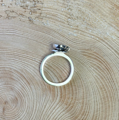 Silver teacup ring on a wooden surface