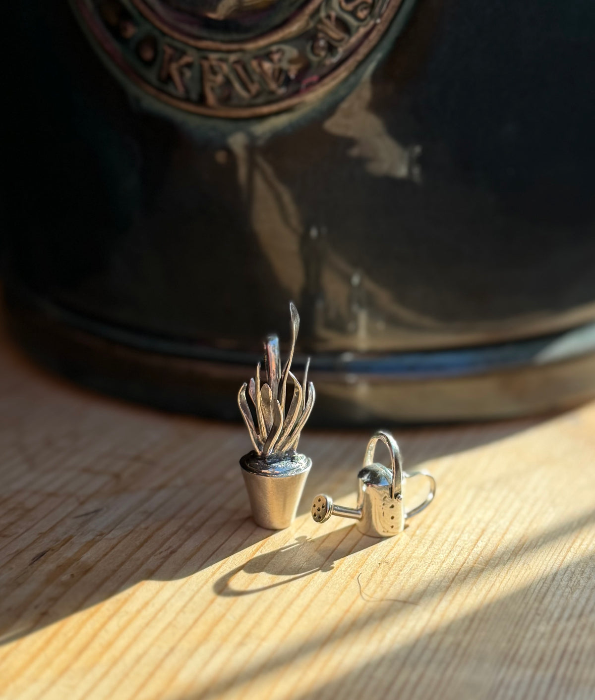 Close up of dracaena trifasciata pendant next to watering can pendant