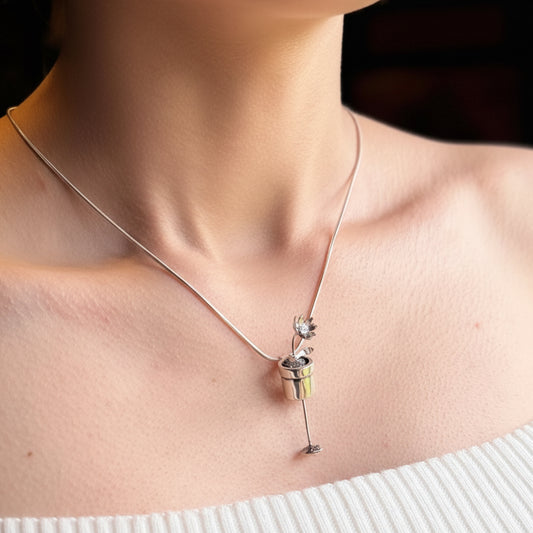 Flower in a pot silver necklace