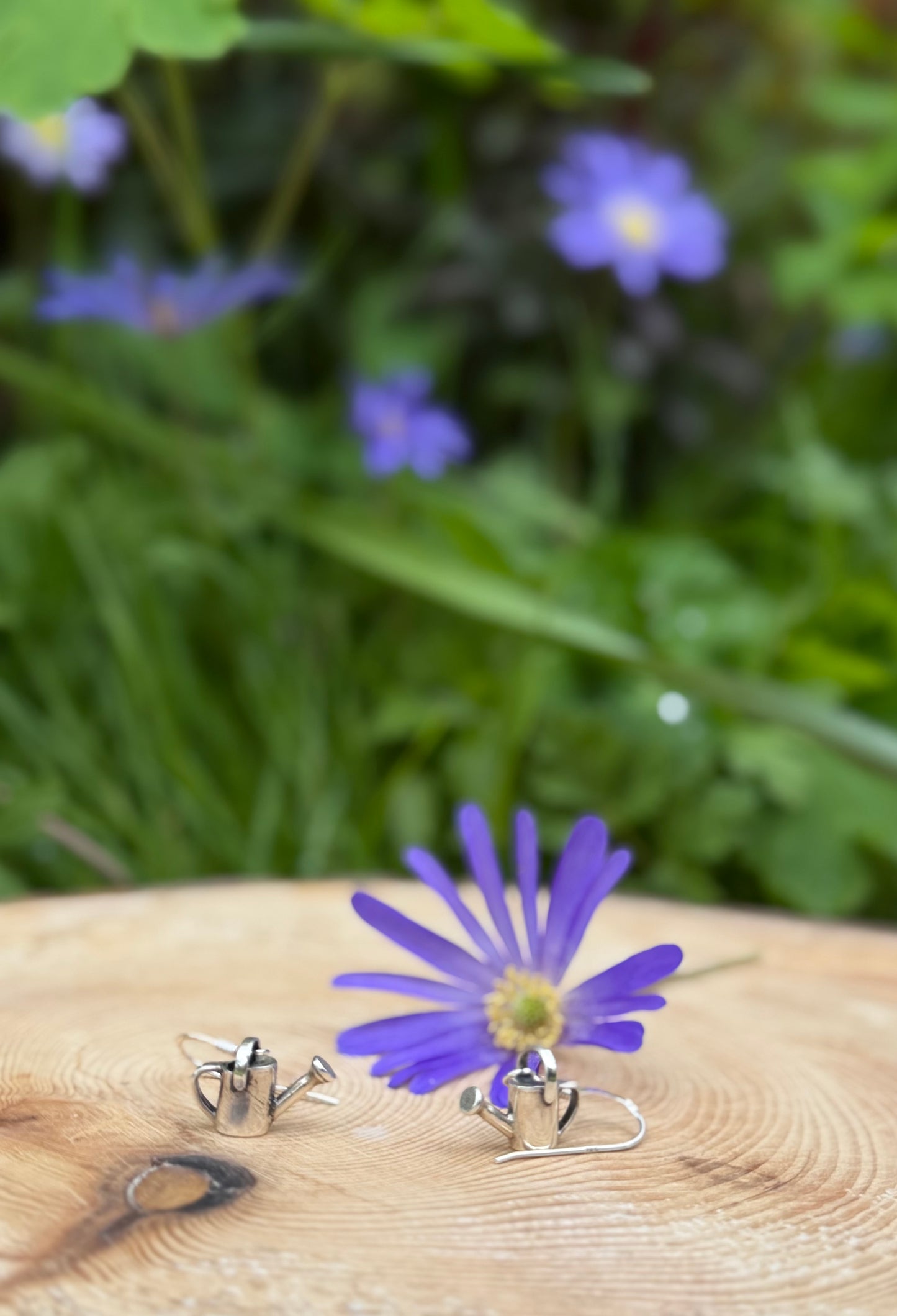 Silver watering can drop earrings, next to flowers