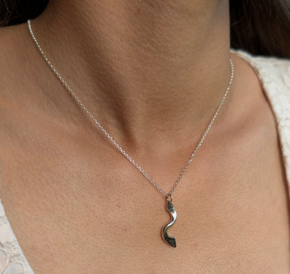 Front view of a polished silver twist pendant on a fine chain, worn against the skin with a white lace top.