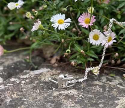 Silver Watering can in front of flowers