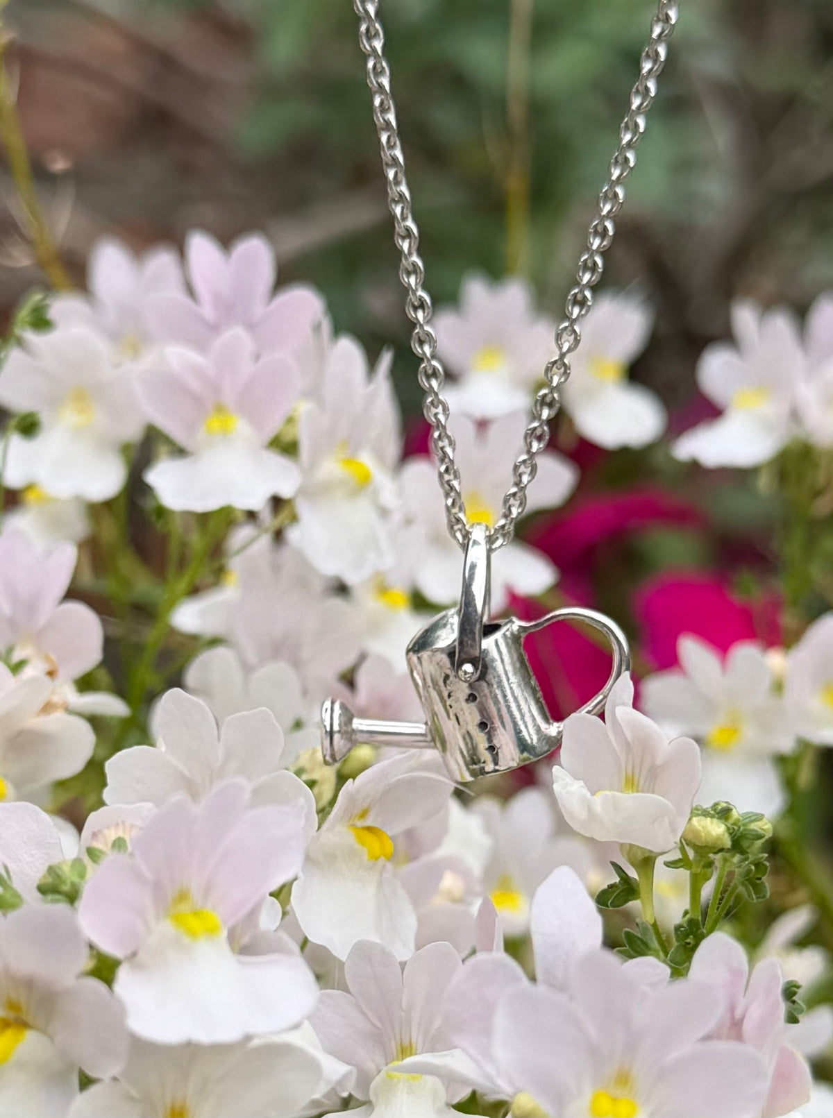 Silver Watering can dangling in flowers