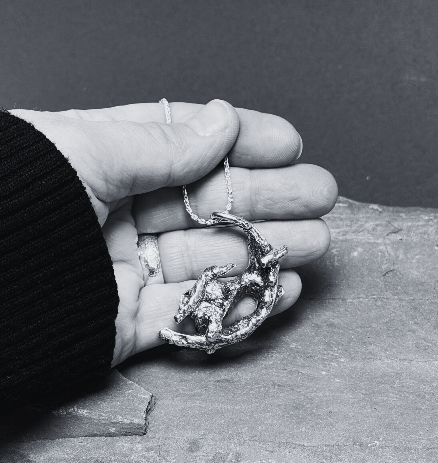 Alchemy Large oxidised Silver molten pendant on a Spiga chain-Hare on moon