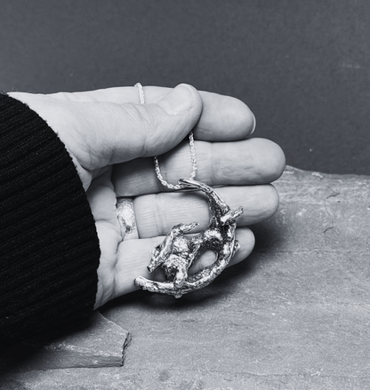 Alchemy Large oxidised Silver molten pendant on a Spiga chain-Hare on moon